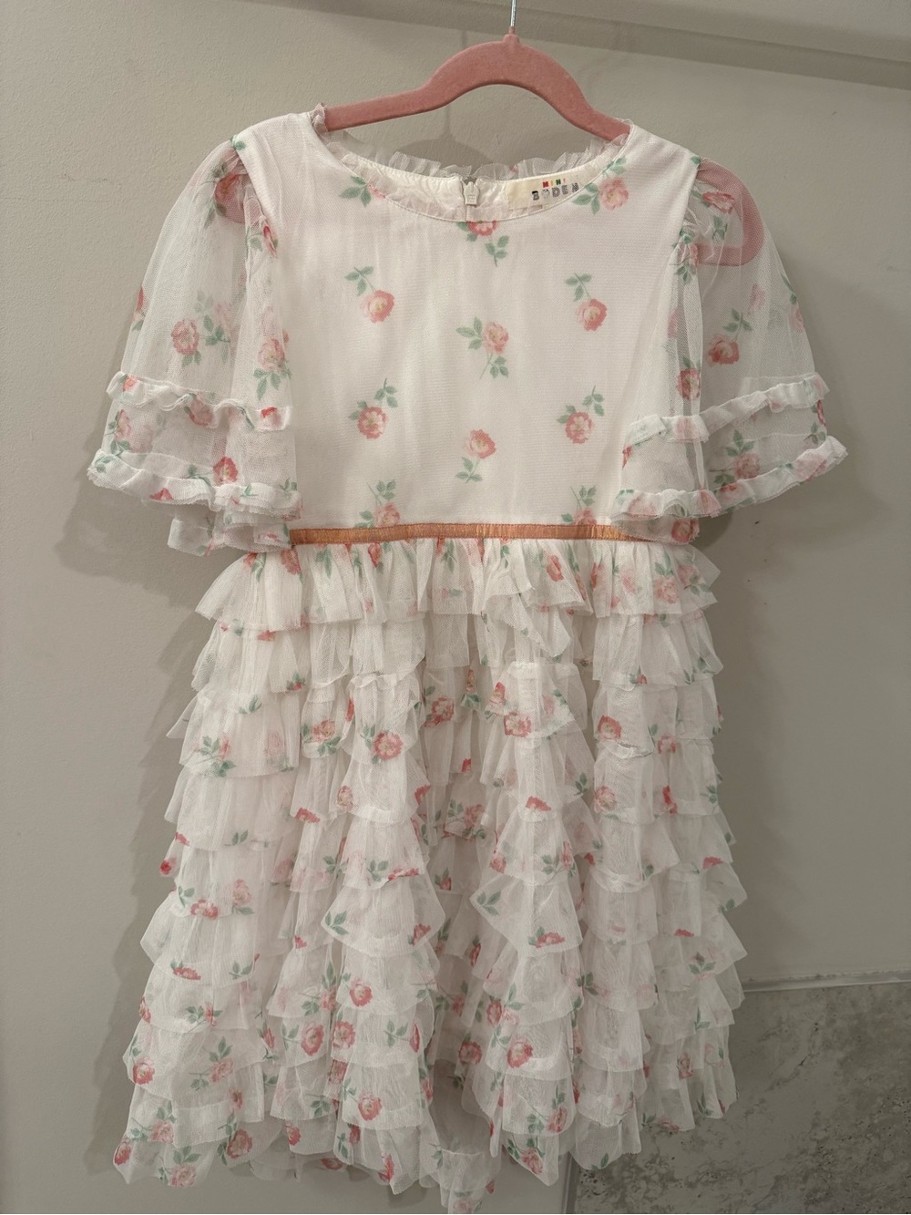 Mini Boden White Tulle Dress with Pink Rose Print